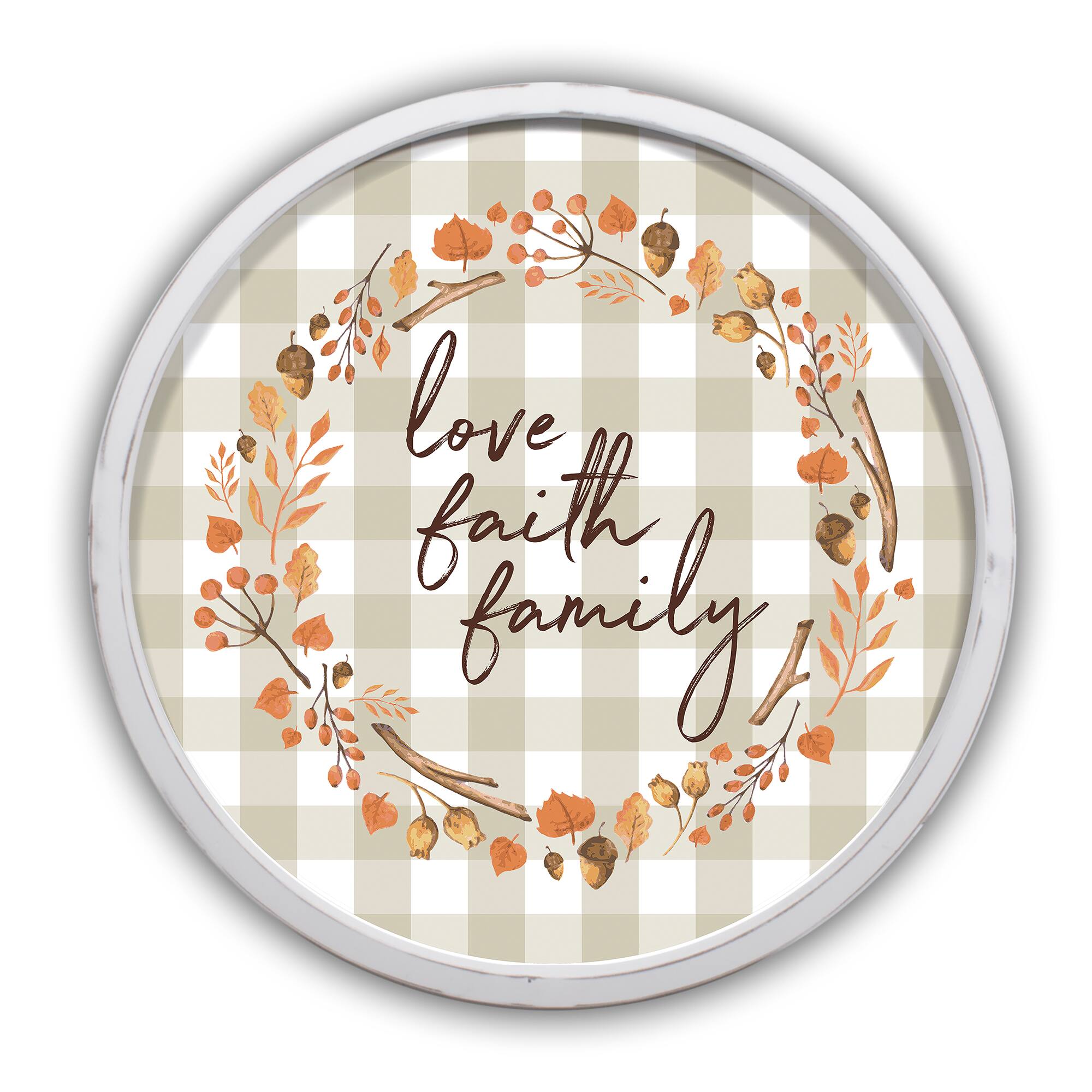 Love Faith Family Script 20" x 20" Round White Framed Print